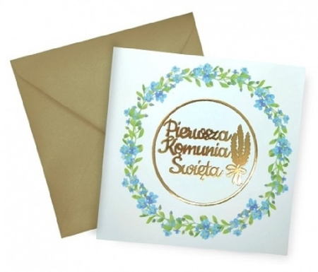 Kartka Karnet - Pierwsza Komunia Święta - Niezapominajki Lakier 3D