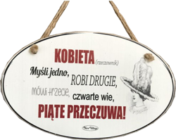 Tabliczka drewniana - KOBIETA (rzeczownik) Myśli jedno... - owalna