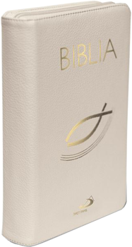 Biblia Edycja Świętego Pawła średnia miękka skóra naturalna biała z zamkiem i rybką